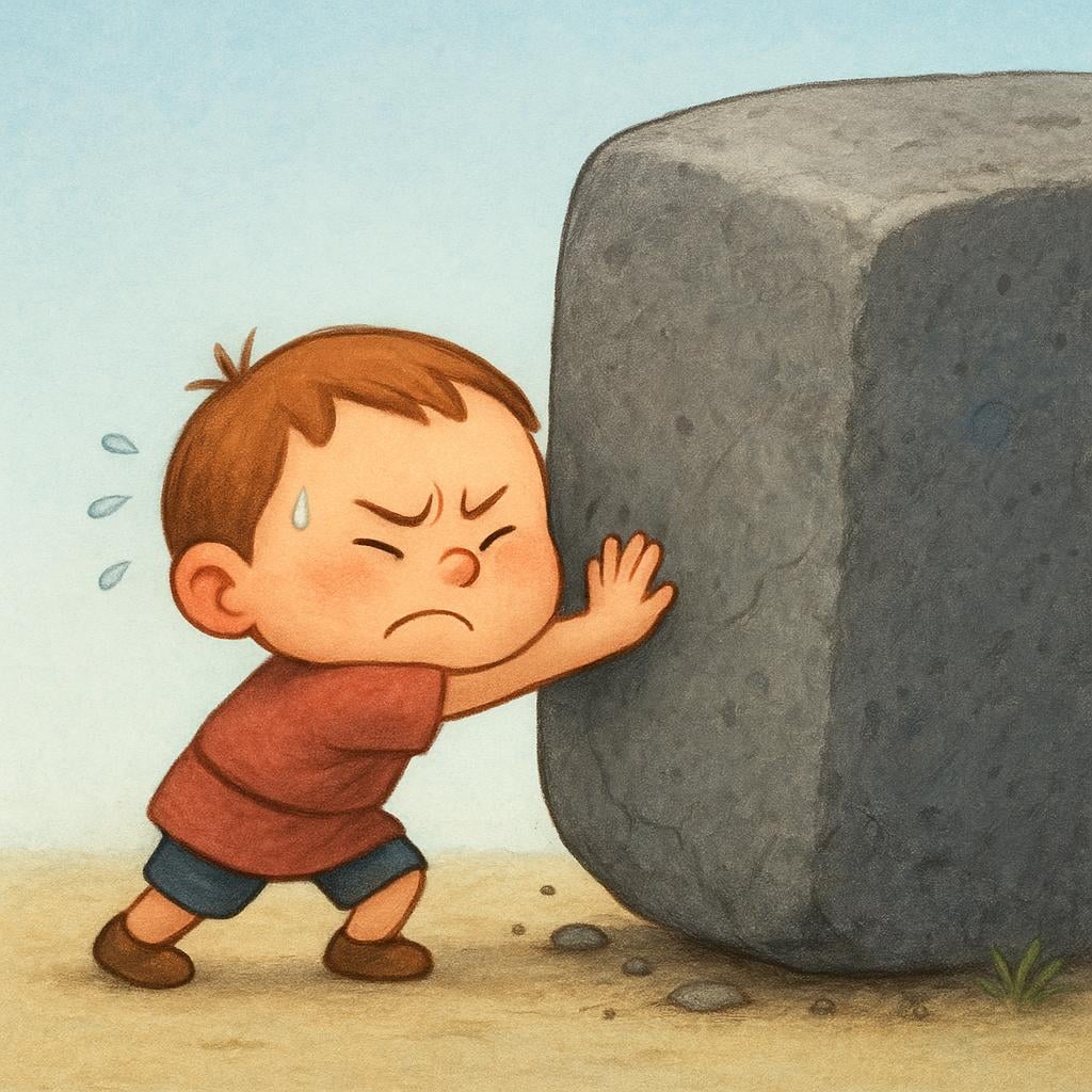 An illustration of a small, frustrated person straining intensely to push a gigantic, rough gray stone block, symbolizing a difficult task.