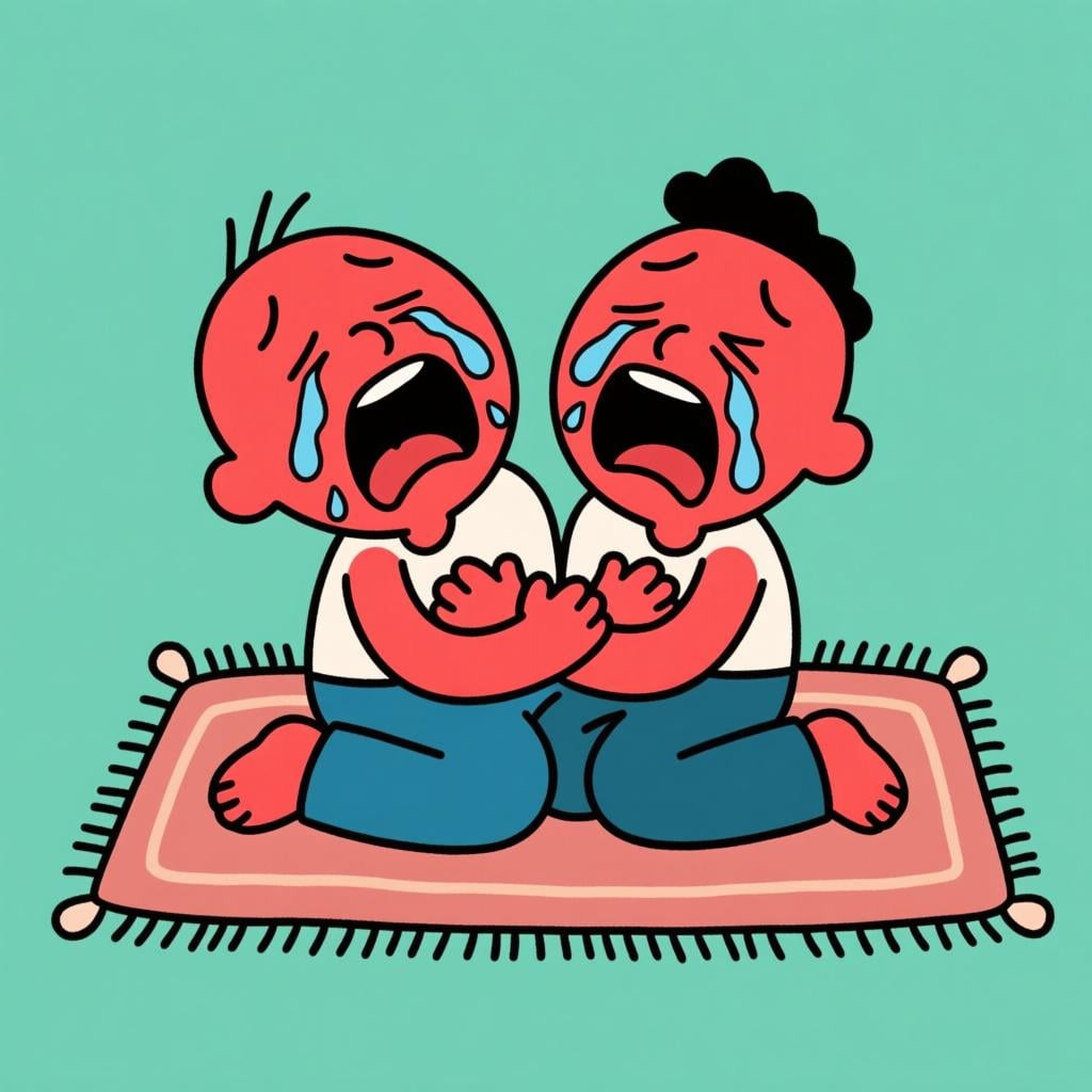 A stylized person sitting on the floor, holding their stomach and crying tears of joy, completely overcome by uncontrollable, intense laughter.