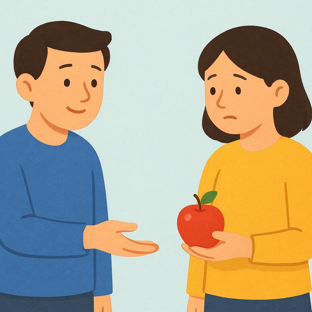 A colorful storybook illustration of two figures interacting. One figure, wearing blue, extends an empty, open hand, palm up, toward a second figure, wearing yellow, who is holding a single red apple, illustrating a polite but formal request.