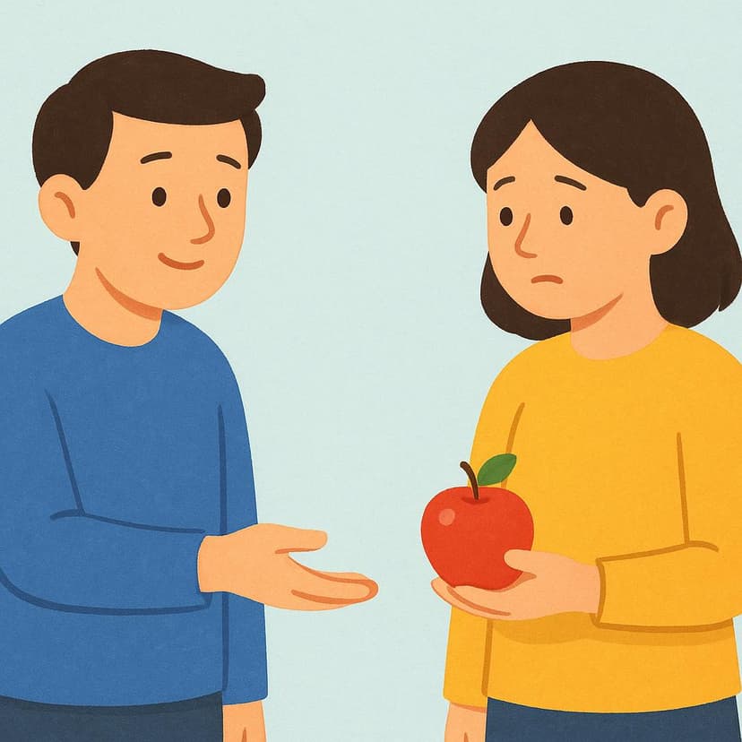 A colorful storybook illustration of two figures interacting. One figure, wearing blue, extends an empty, open hand, palm up, toward a second figure, wearing yellow, who is holding a single red apple, illustrating a polite but formal request.