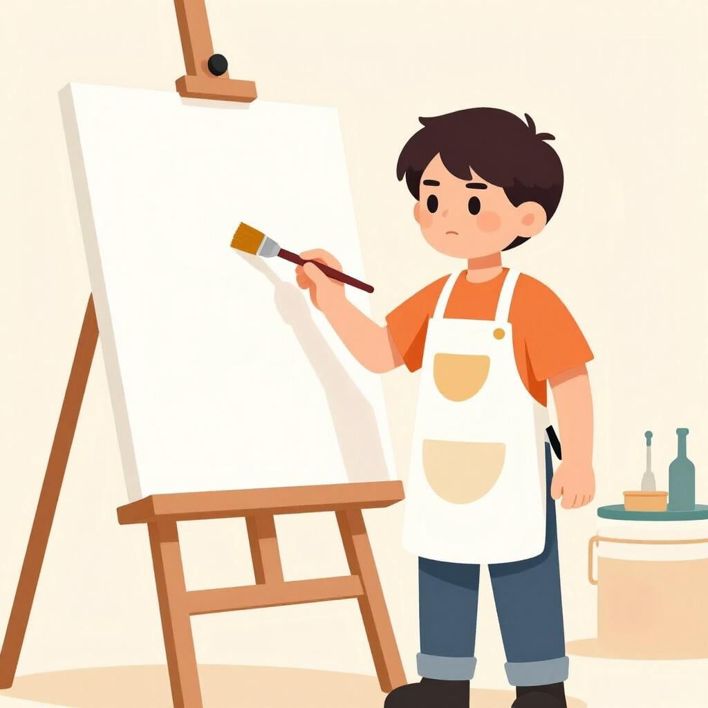 A young artist standing before a large blank canvas with a paintbrush in hand.