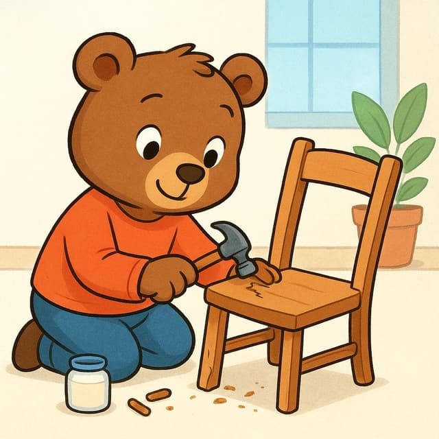 Um carpinteiro simpático de desenho animado consertando a perna quebrada de uma cadeira de madeira com um martelo e pregos.