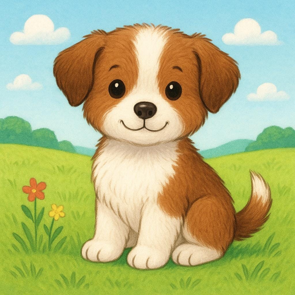 A small, fluffy brown and white puppy sitting happily in a sunny field of green grass, looking cute.