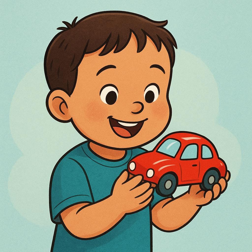 A drawing of a cheerful child holding a single red toy car and smiling happily, illustrating future enjoyment of a singular object.