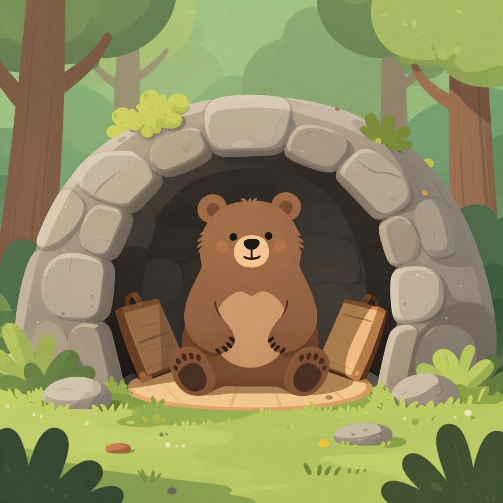 A cozy brown bear sitting inside its cave home in a forest.