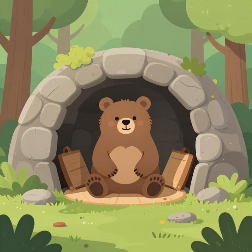 A cozy brown bear sitting inside its cave home in a forest.