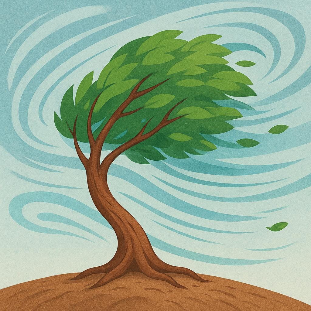 A small, thick-trunked tree firmly rooted in the ground, bending significantly under the force of strong, stylized wind, yet remaining intact.