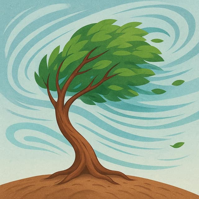 Ein kleiner, dickstämmiger Baum, der fest im Boden verwurzelt ist, sich stark unter der Kraft von starkem, stilisiertem Wind biegt, aber intakt bleibt.
