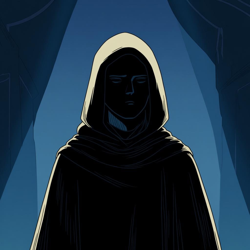A shadowy figure wearing a dark, simple hooded cloak, standing in a dim, minimalist setting, representing a murderer or killer.