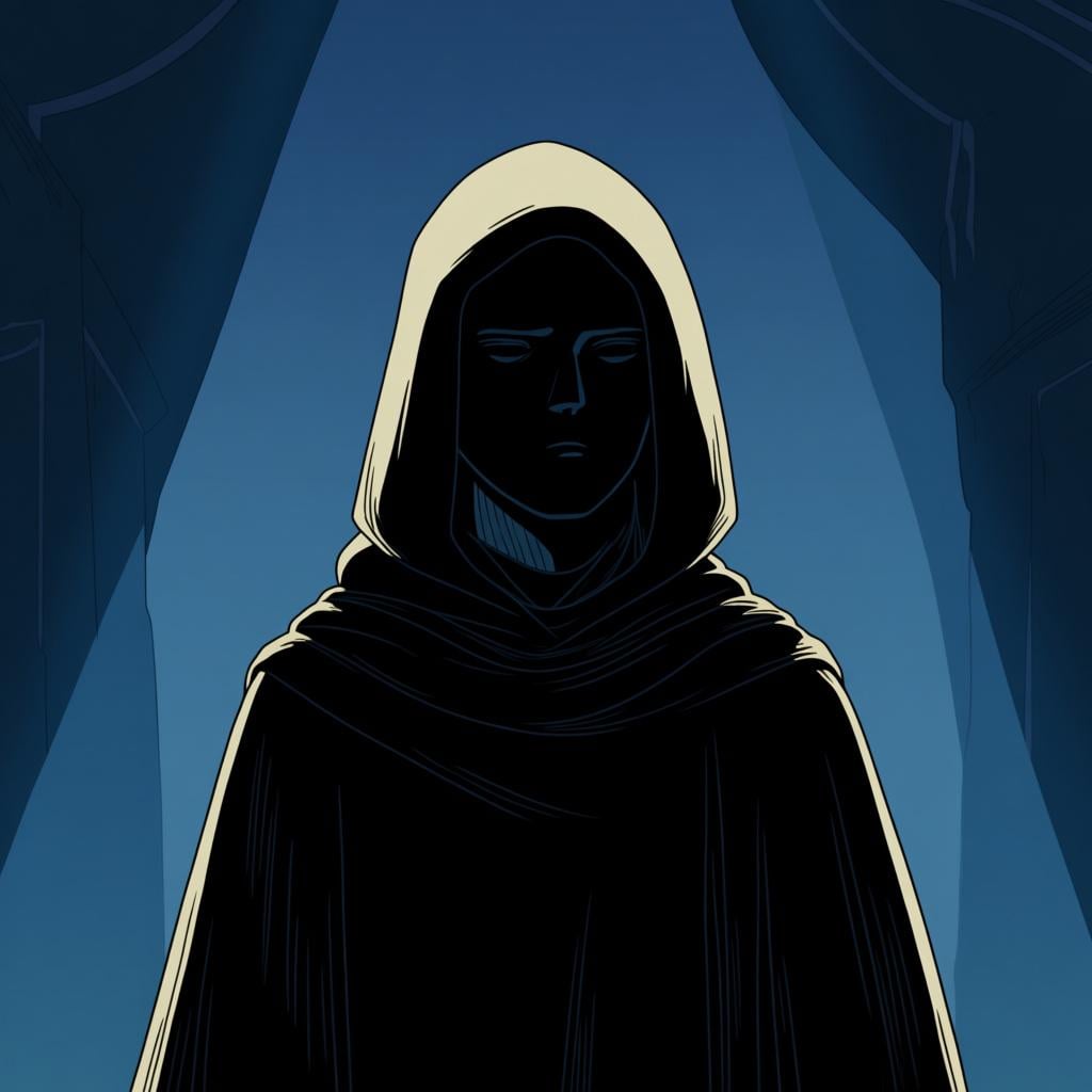 A shadowy figure wearing a dark, simple hooded cloak, standing in a dim, minimalist setting, representing a murderer or killer.