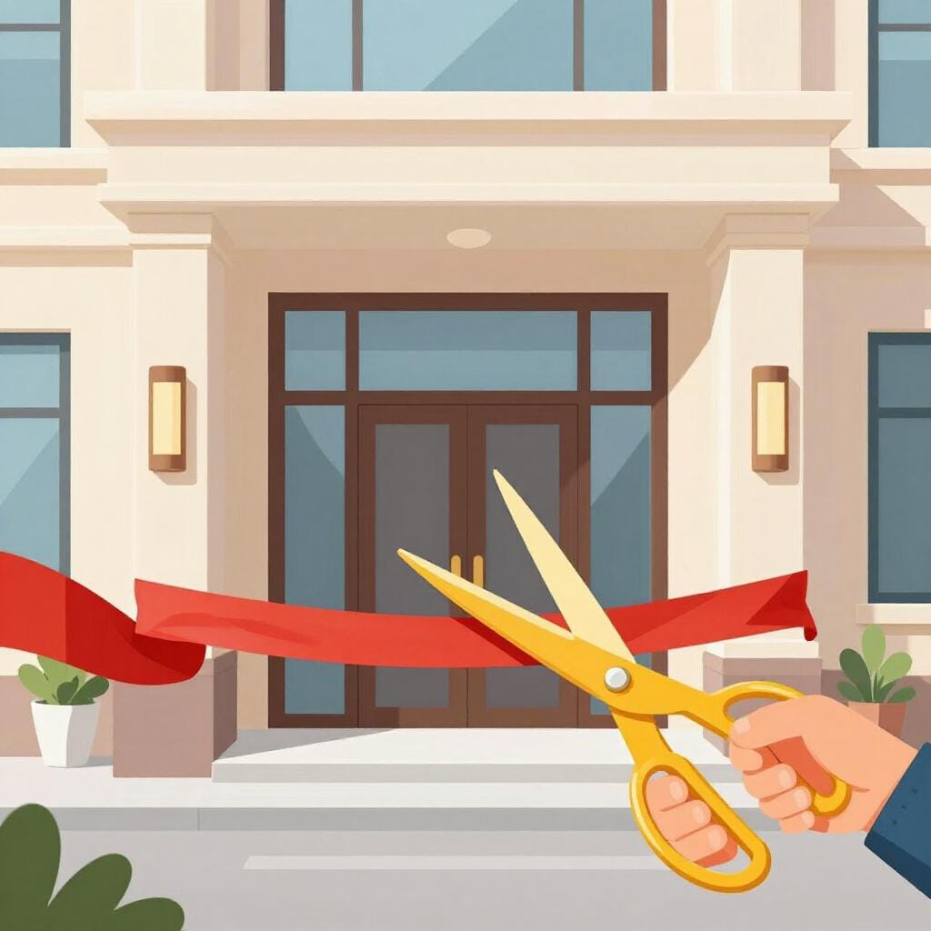 Een groep mensen die voor een nieuw gebouw staan met een groot rood lint over de ingang gespannen.