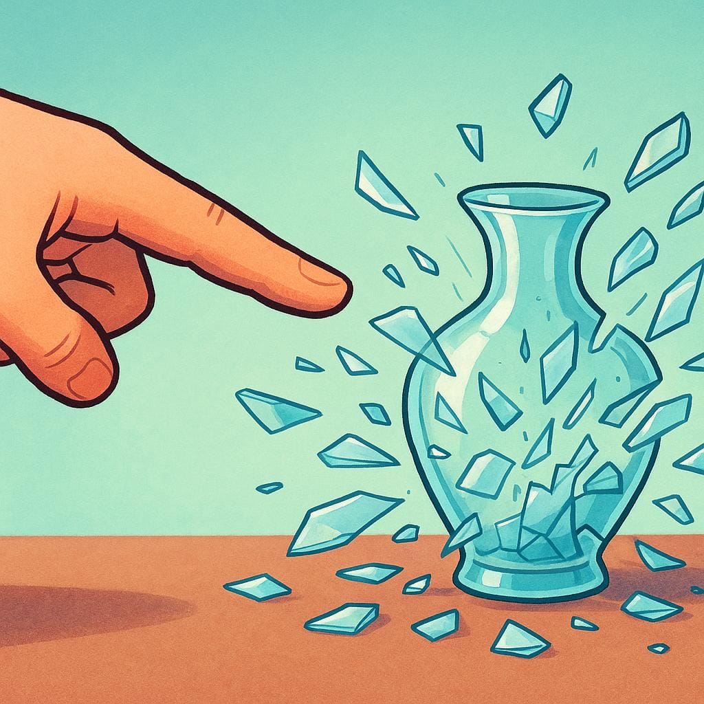A strong, determined hand with a pointed finger is shown hovering over a clear glass vase that is actively shattering into large, jagged pieces on a table.