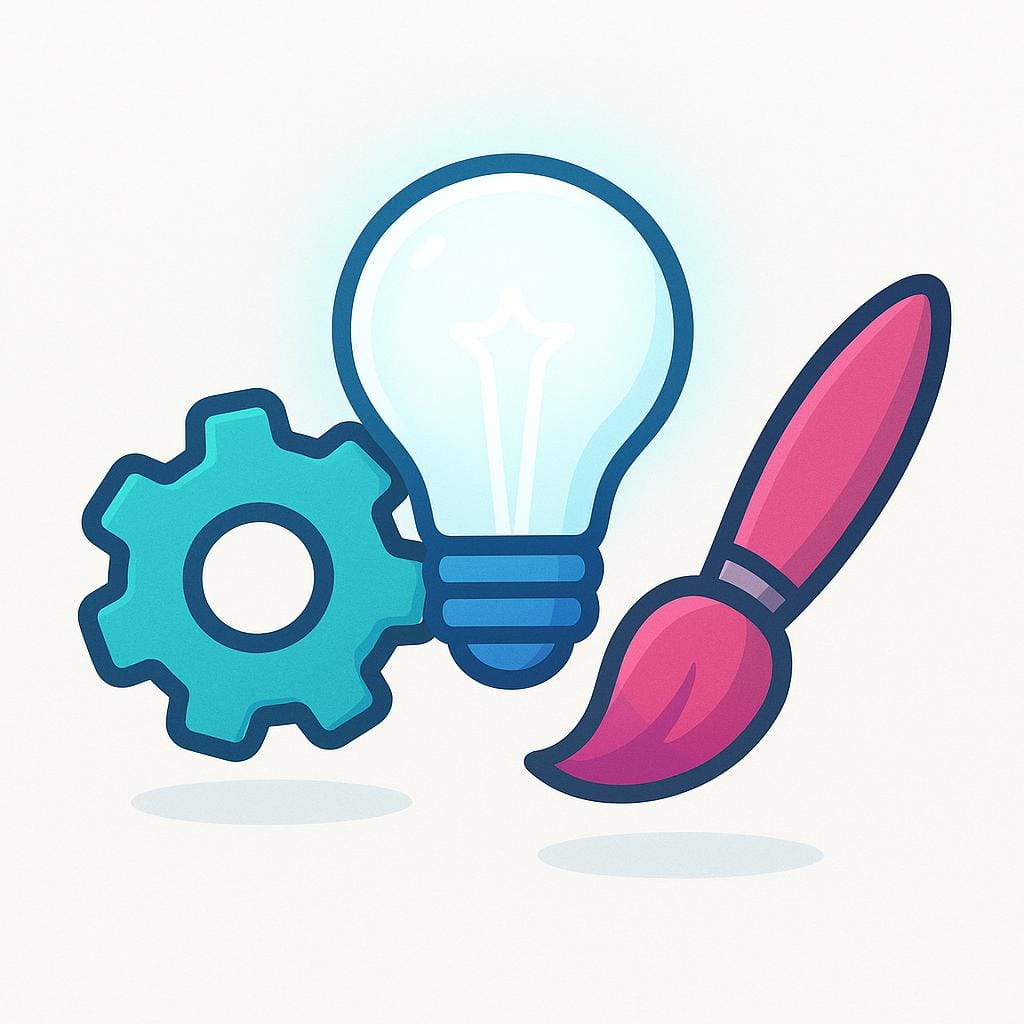 A collection of three symbolic objects representing professional abilities: a stylized gear for mechanics, a bright lightbulb for ideas, and a paintbrush for creativity.