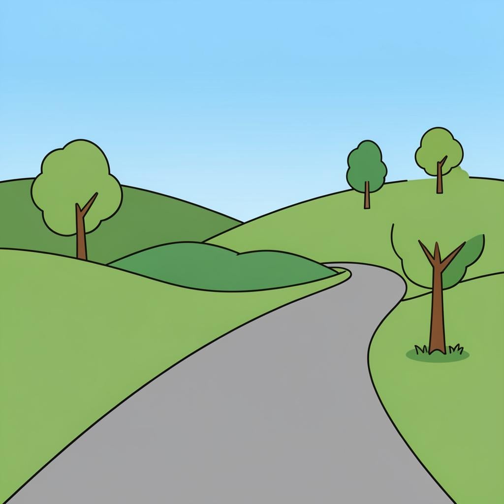 A long, winding paved road stretching through a green countryside under a blue sky.