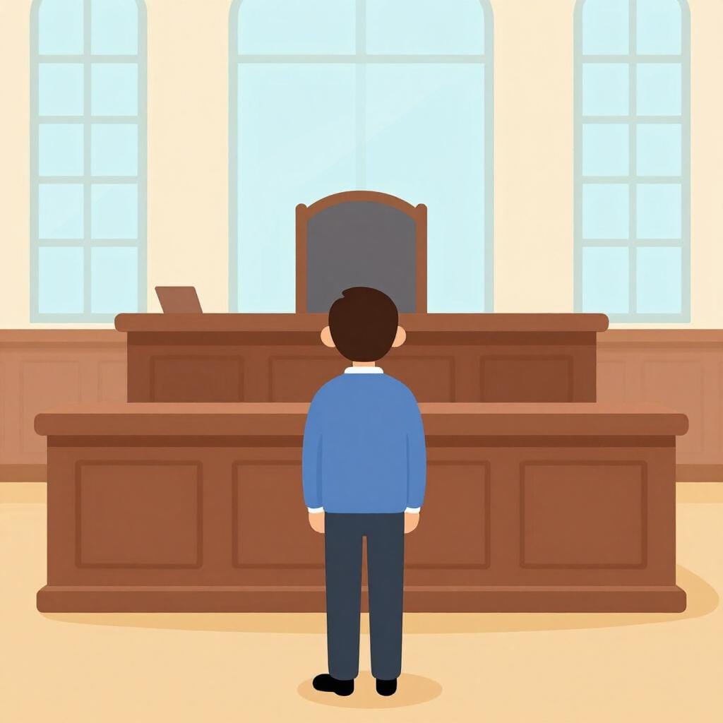 A person standing formally in front of a large wooden judge's bench in a brightly lit room.