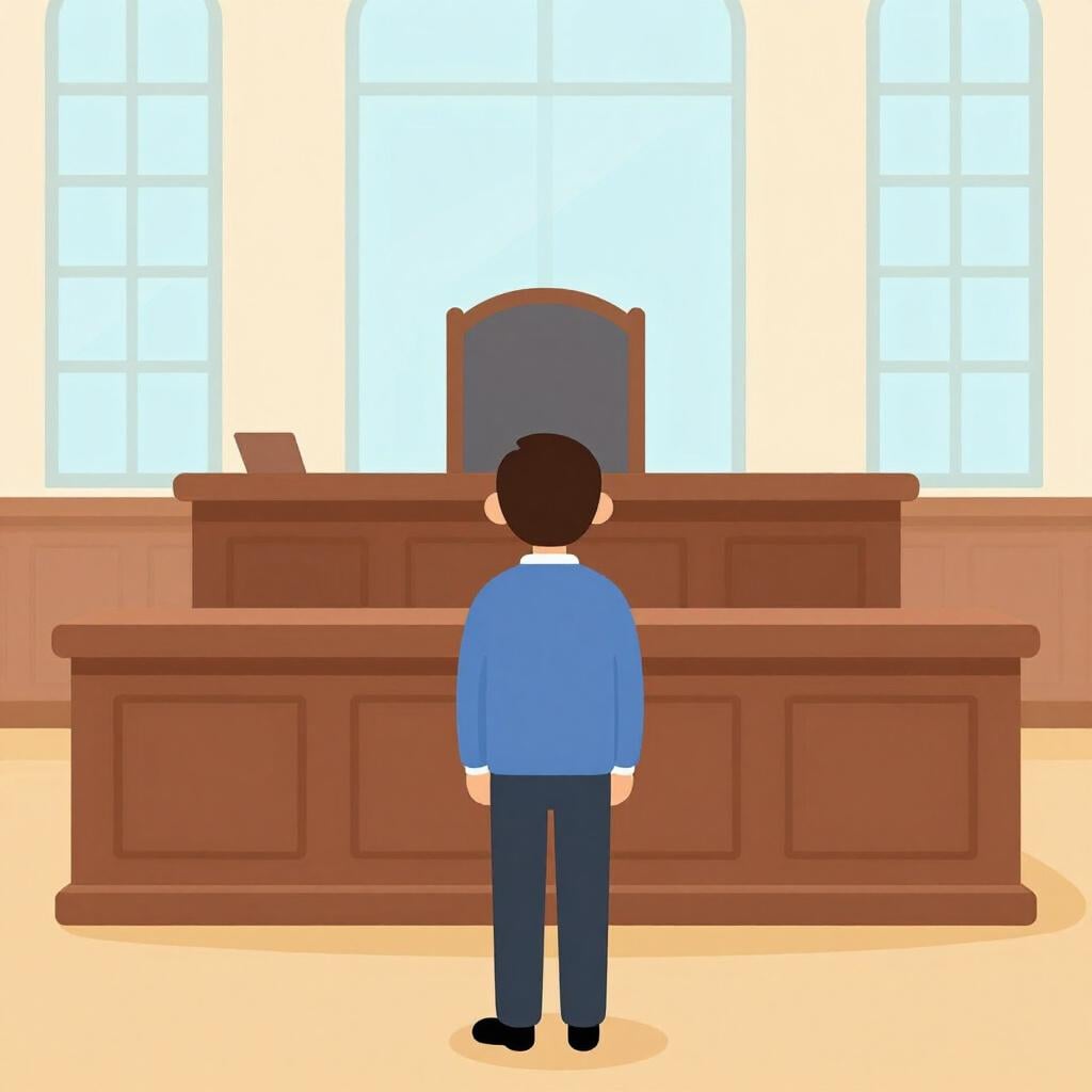 明るく照らされた部屋で、大きな木製の陪審席の前にフォーマルに立つ人物。