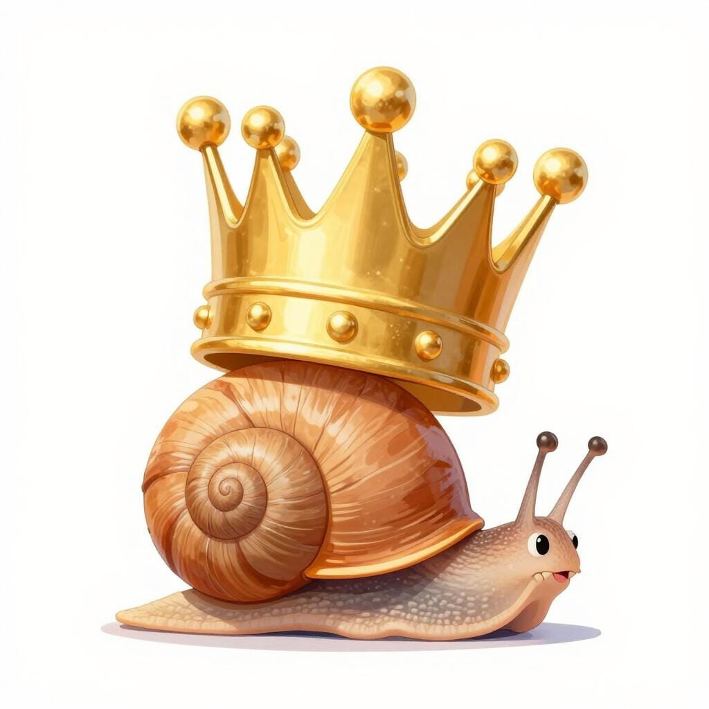 A tiny snail wearing a very large, heavy golden crown.