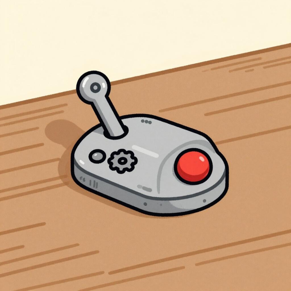 A small, mysterious mechanical part with gears and a button on a wooden table.