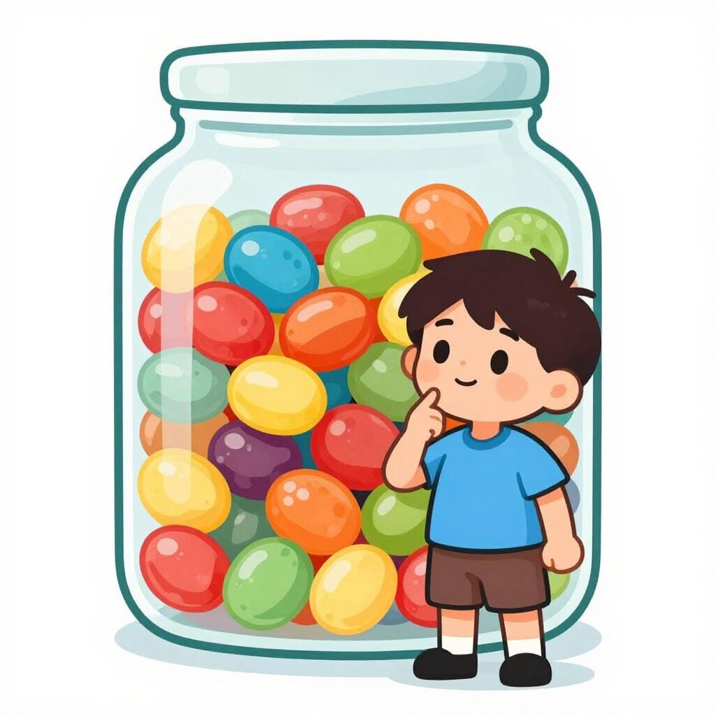 Un bambino guarda un grande barattolo di vetro pieno di caramelle gommose colorate, si tocca il mento pensieroso mentre cerca di stimare la quantità.
