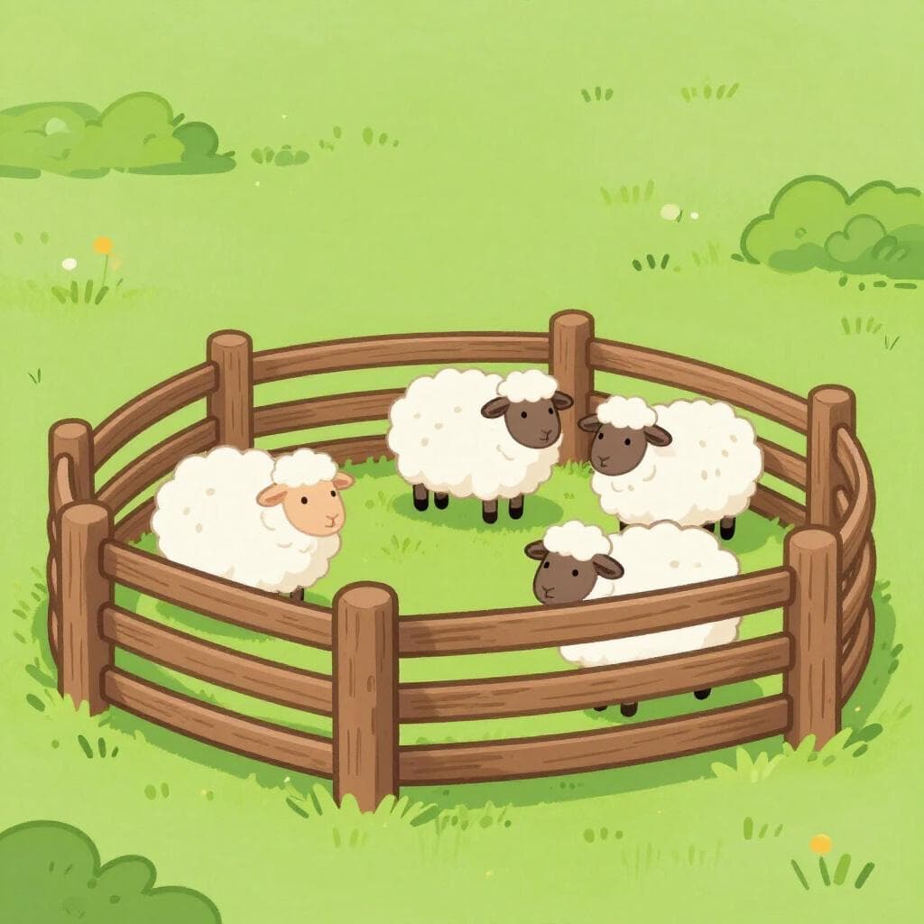 Une simple enceinte en bois dans un champ vert contenant quelques moutons duveteux.