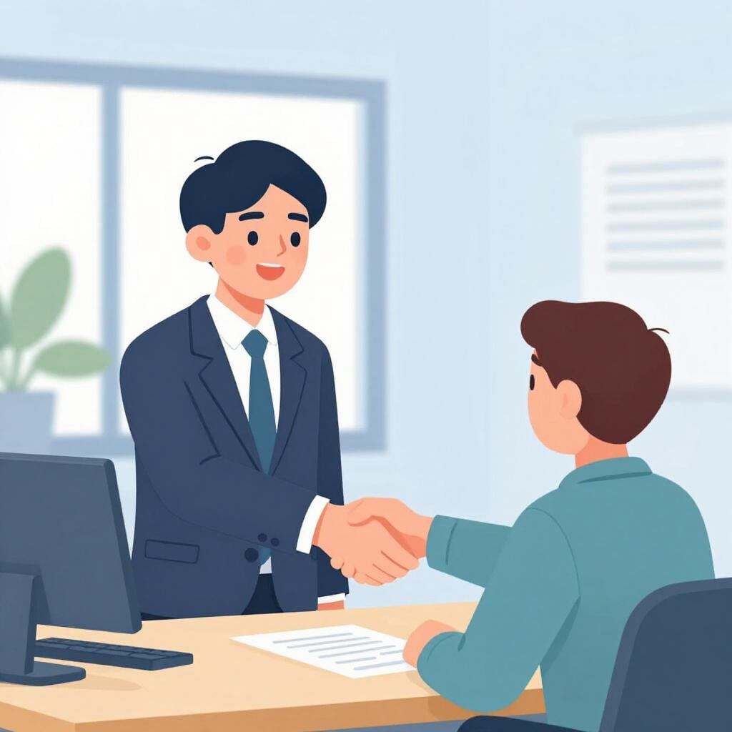 Une personne excitée portant un costume professionnel serrant la main d'un employeur dans un bureau lumineux.