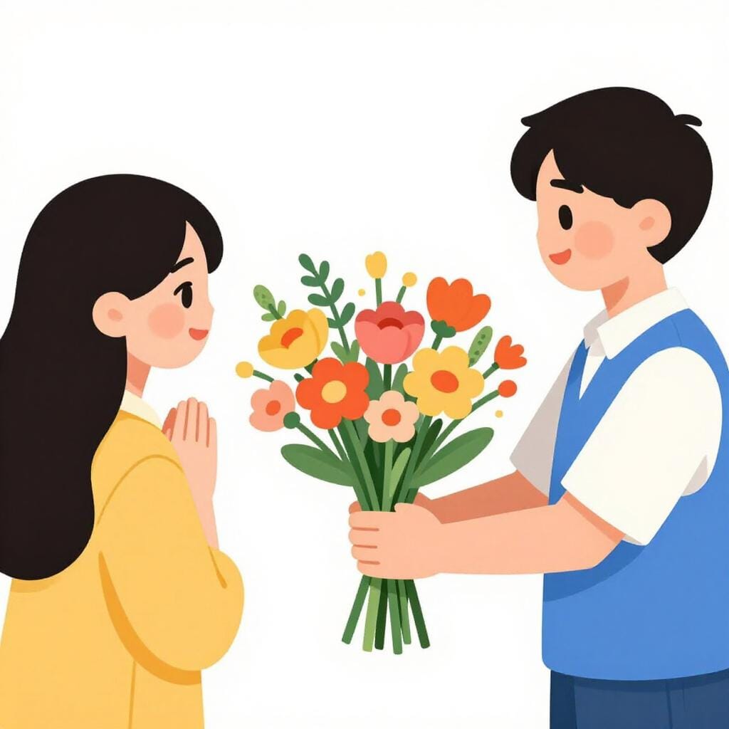 A friendly person offering a beautiful bouquet of flowers to another person who looks happy and proud.