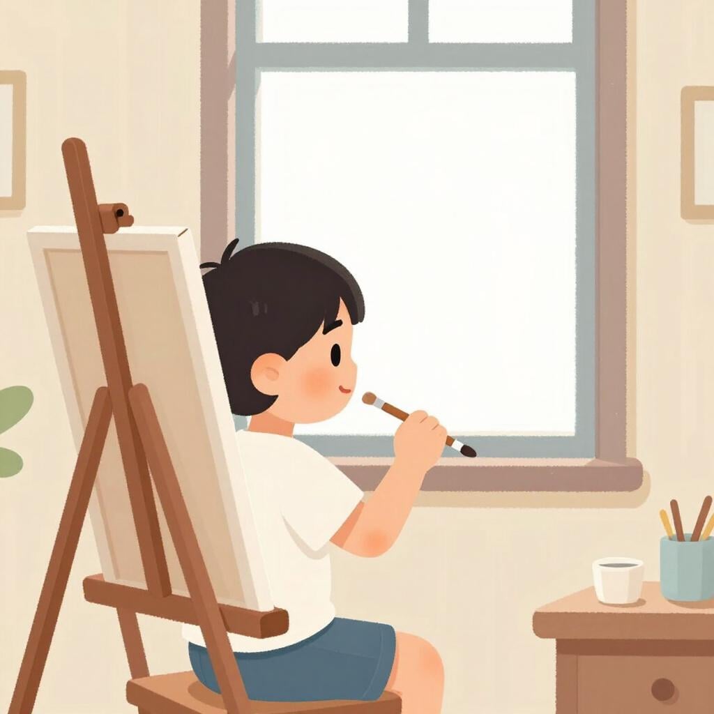 A child staring out a window with a dreamy expression while holding a paintbrush.