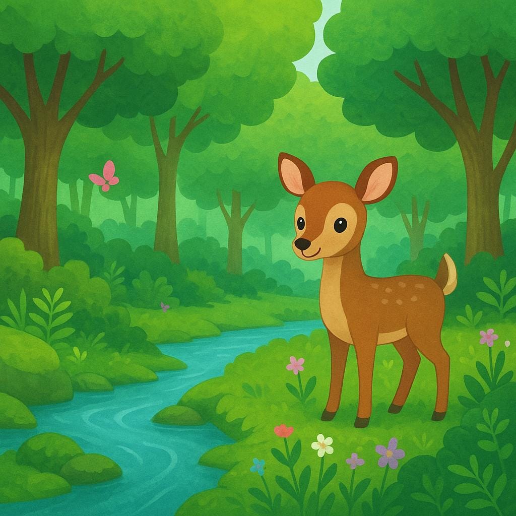 A lush green forest with a clear blue stream and a small deer standing peacefully.