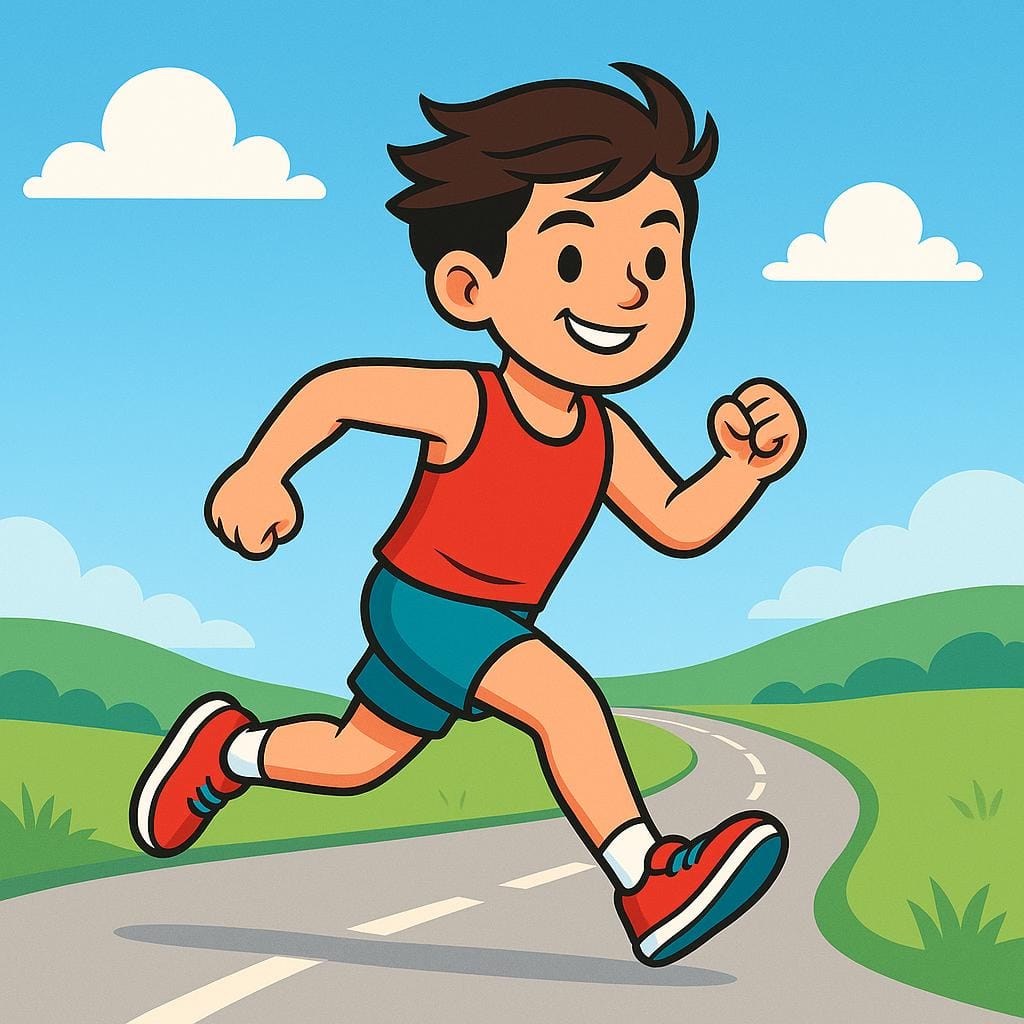 A cheerful cartoon athlete running strongly and quickly along a winding path stretching far into the distance, symbolizing great endurance.