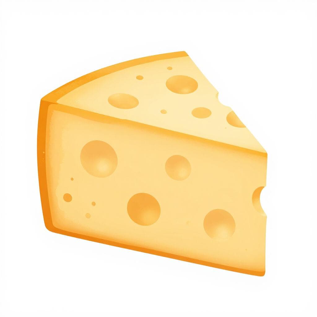 A thick, bright yellow wedge of cheddar cheese with a smooth texture, depicted in a simple style.