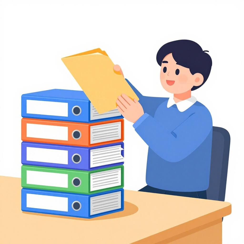 スーツを着た人が机の上にきちんと整理された書類の山を並べている。