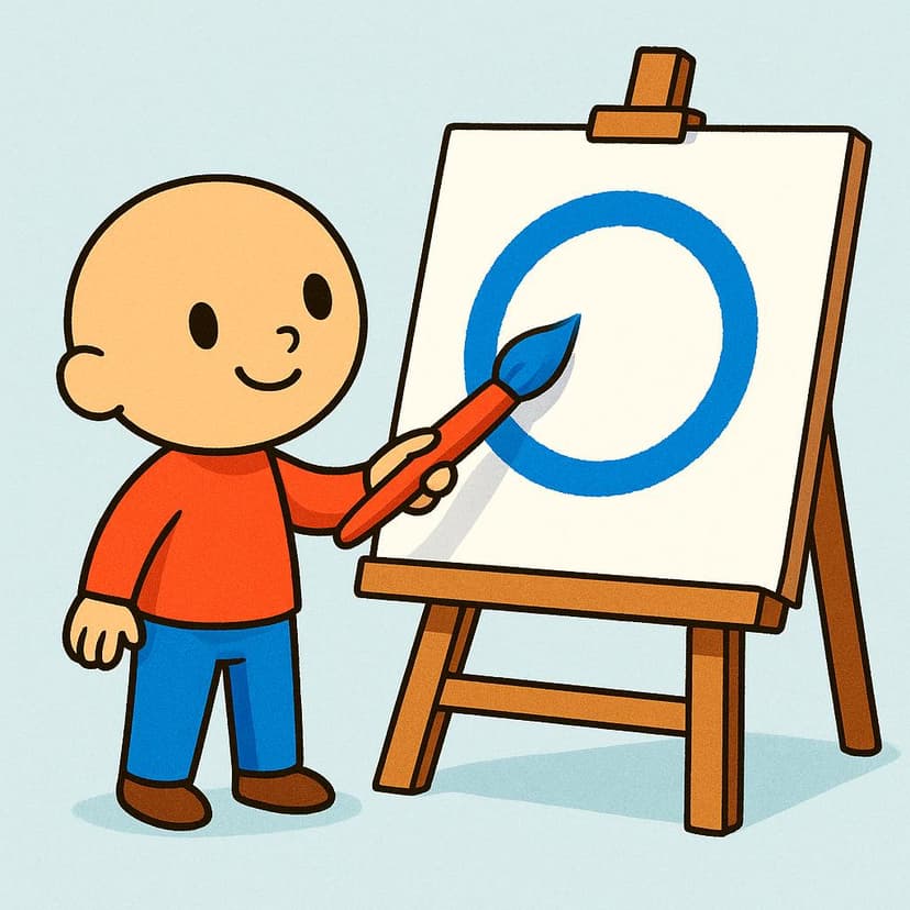 A brightly colored storybook illustration showing a happy child character actively using a red paintbrush to paint a simple blue shape onto a white canvas resting on a small wooden easel.