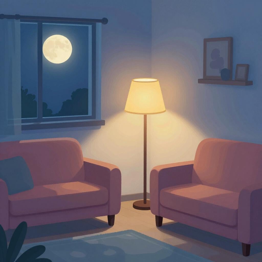 A dark room with a single floor lamp that is turned off.