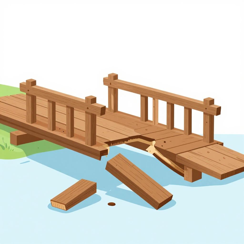 A wooden bridge with broken planks and a sagging middle section.