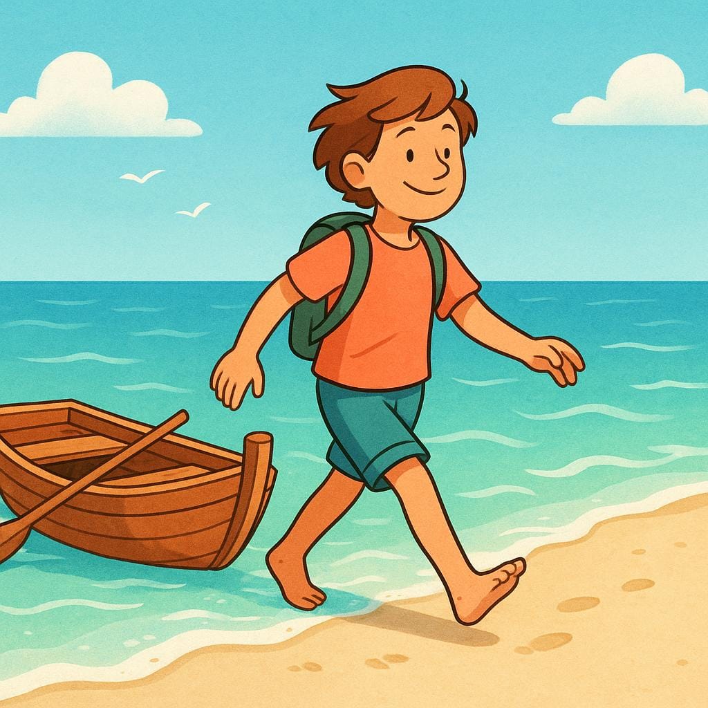 A smiling traveler steps off a small boat onto a sandy beach, signifying the completion of a physical journey.