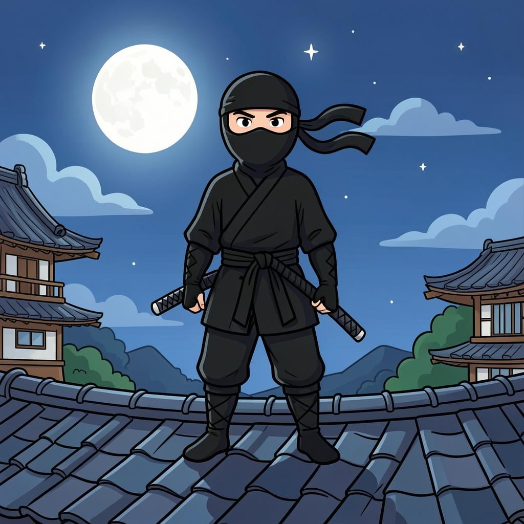 A warrior dressed in black stealth clothing with a mask, standing on a tiled roof at night.