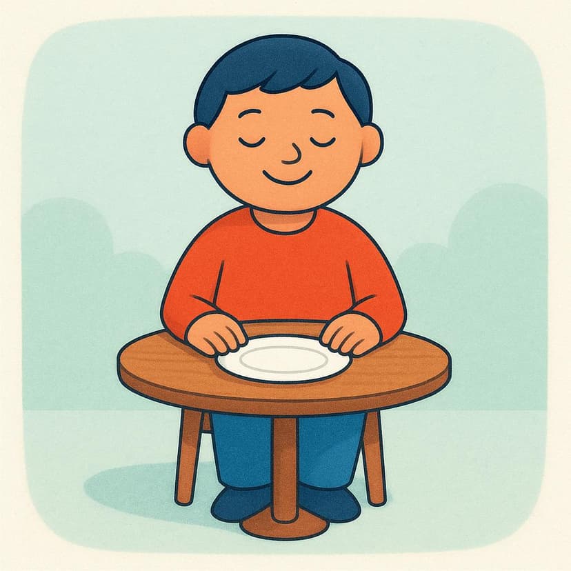 A cheerful simplified person sitting at a small table. The plate in front of them is completely empty, and they look satisfied, indicating the meal is finished.