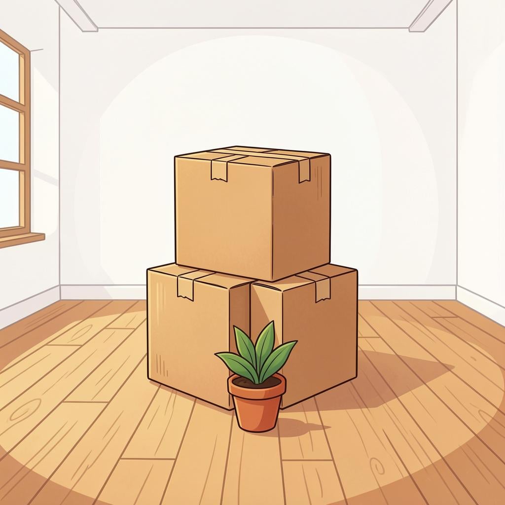 A stack of cardboard boxes and a small plant sitting on a wooden floor in a bright, empty room.