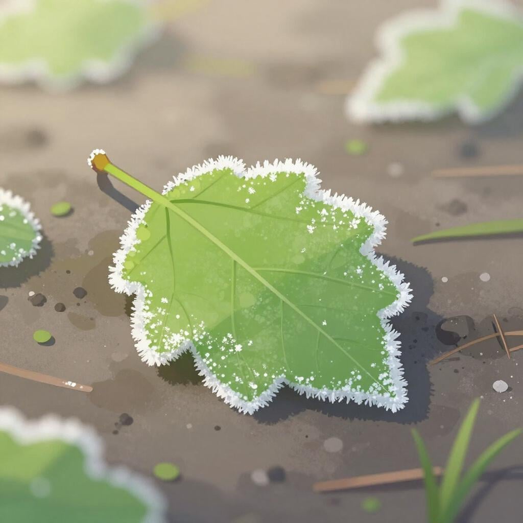 Close up of a single green leaf covered in delicate white ice crystals.