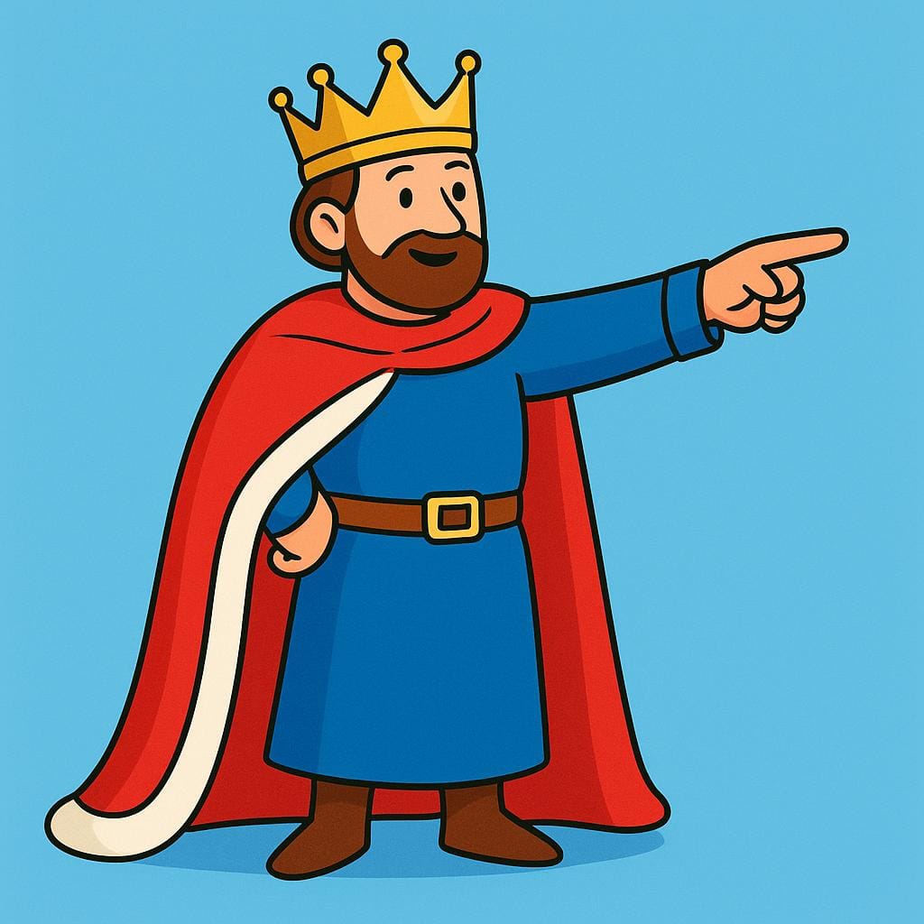 A royal figure in a crown pointing forward with a firm gesture.