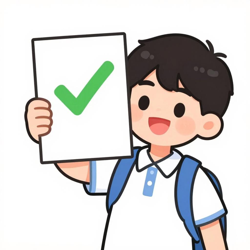 大きな緑色のチェックマークがついた書類を持つ、幸せそうな学生。