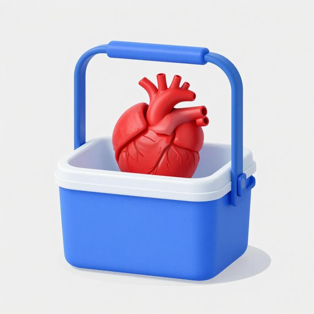 Une illustration de haute qualité d'un cœur humain sain et lumineux reposant dans une boîte de transport médicale bleue stérile.