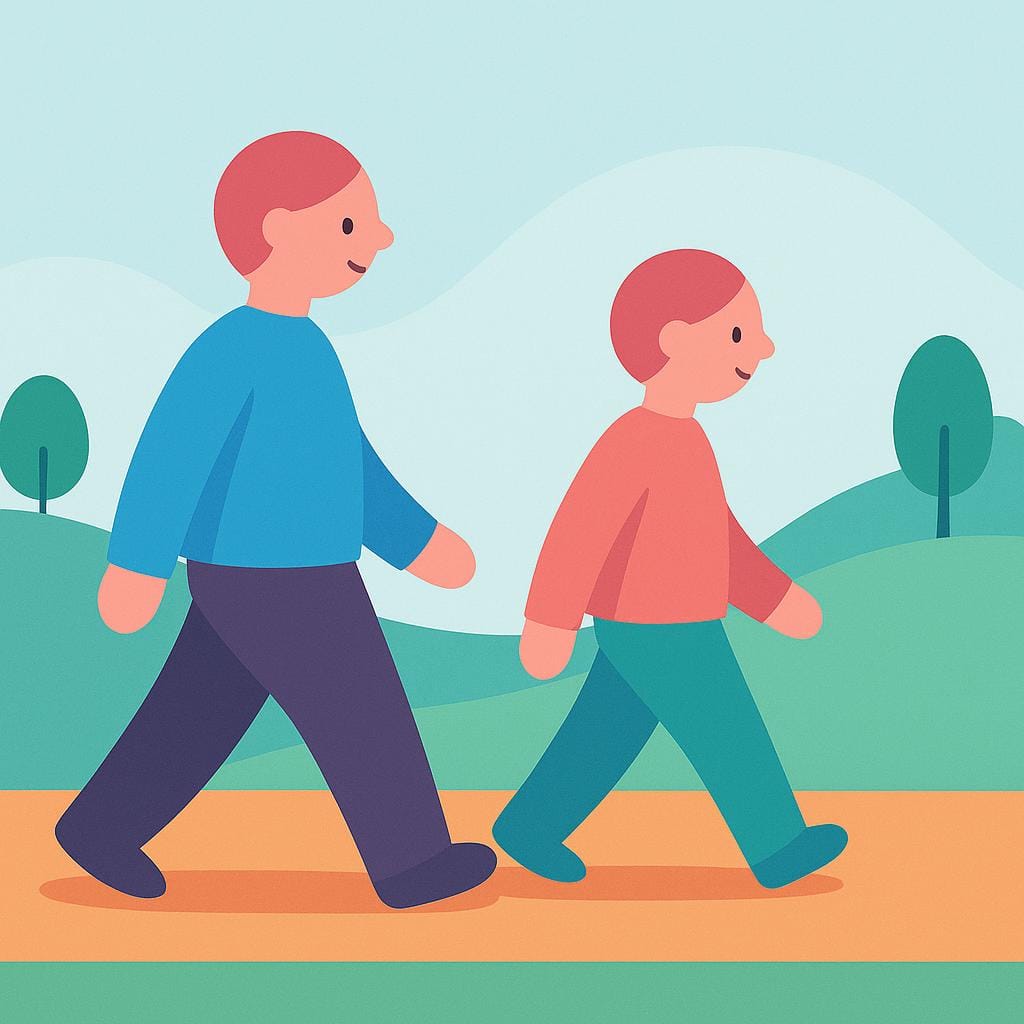 Two stylized figures walking in a straight line, where the second figure is clearly trailing closely behind the first figure, illustrating following.