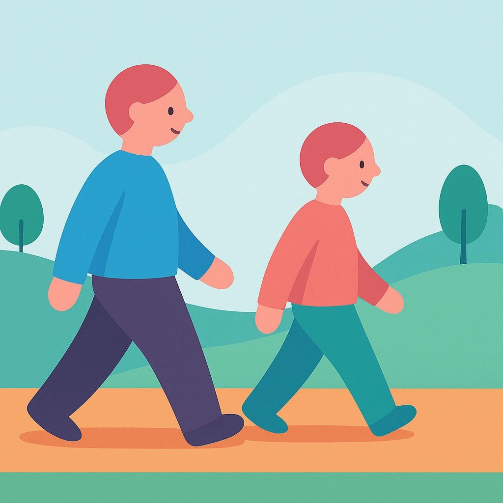 Two stylized figures walking in a straight line, where the second figure is clearly trailing closely behind the first figure, illustrating following.