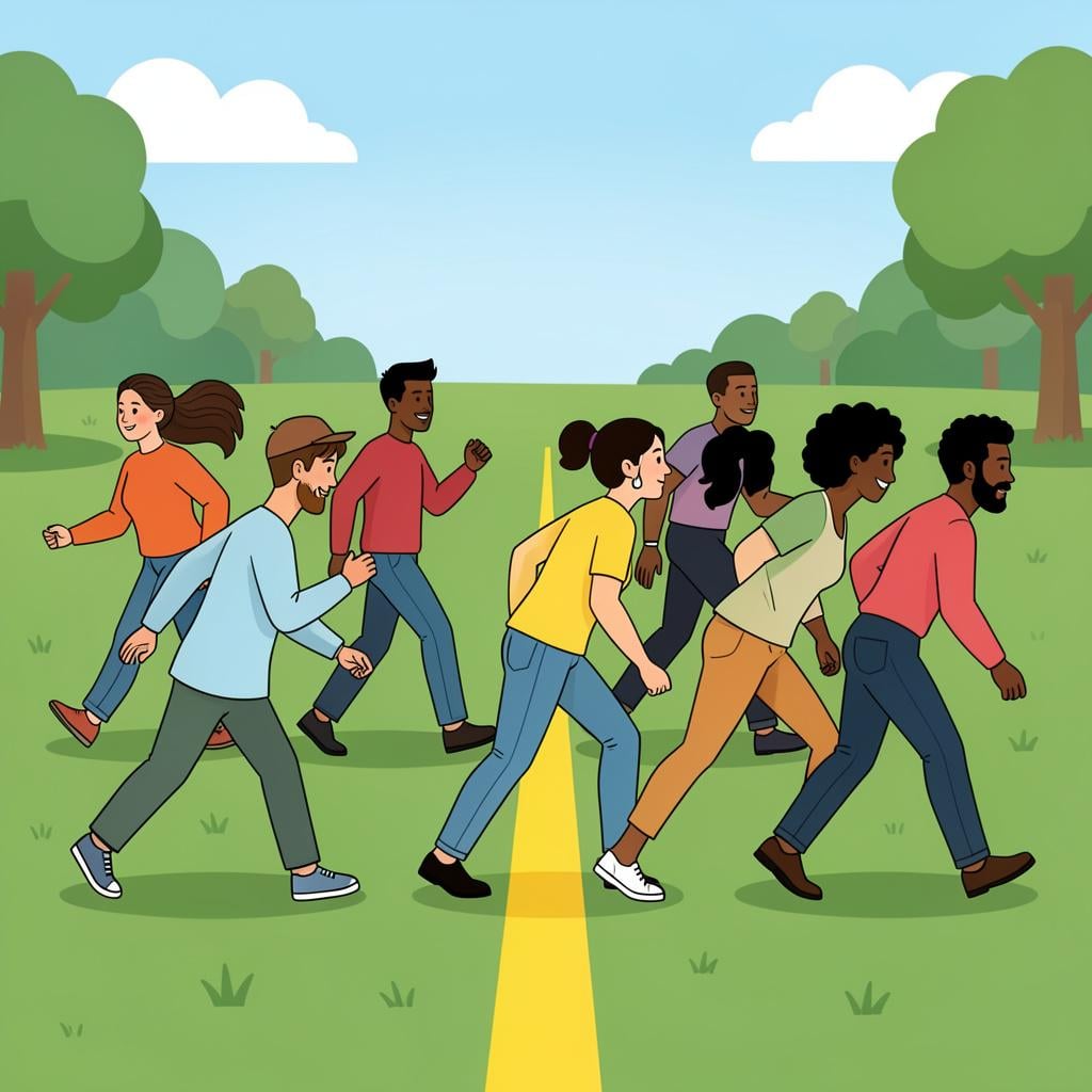 A group of people taking a synchronized step backwards away from a line on the ground.