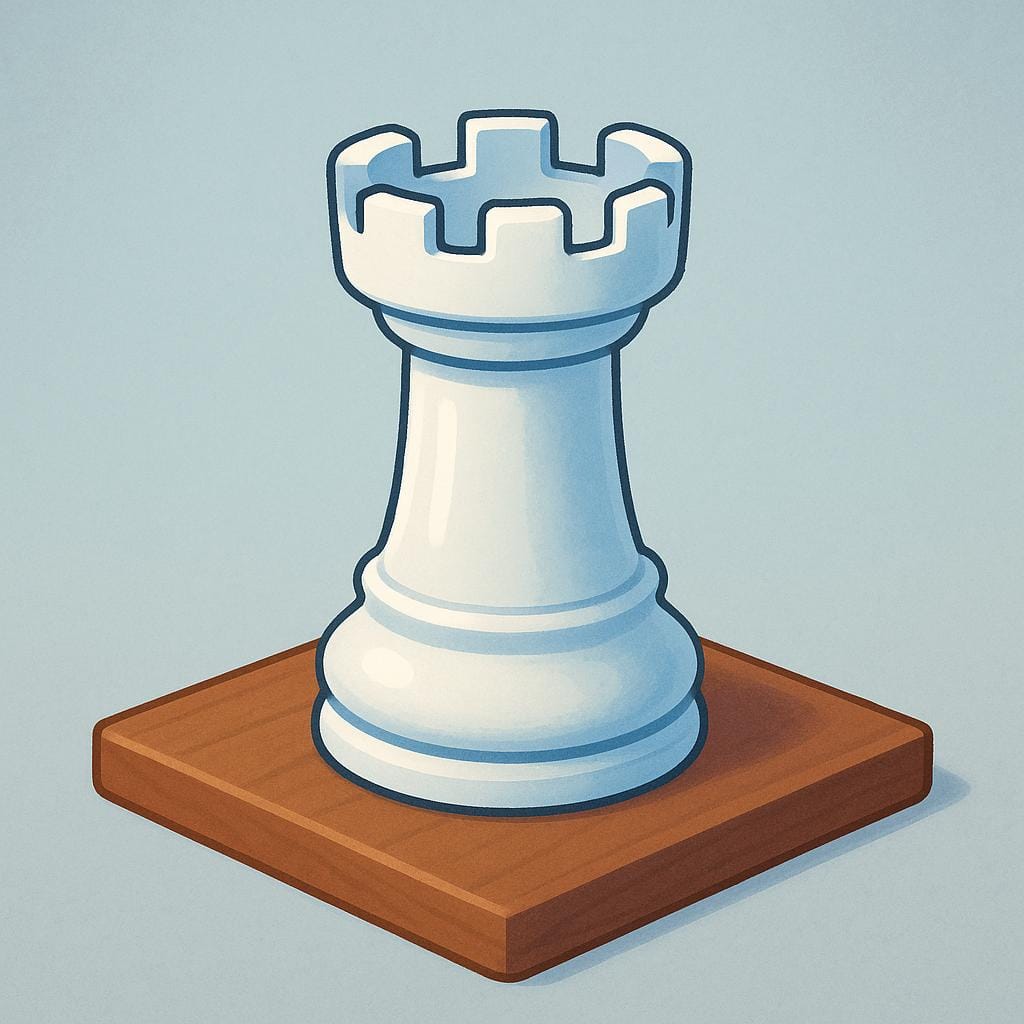 A single, white chess rook piece, designed to look like a small fortress, standing on a dark chessboard square.