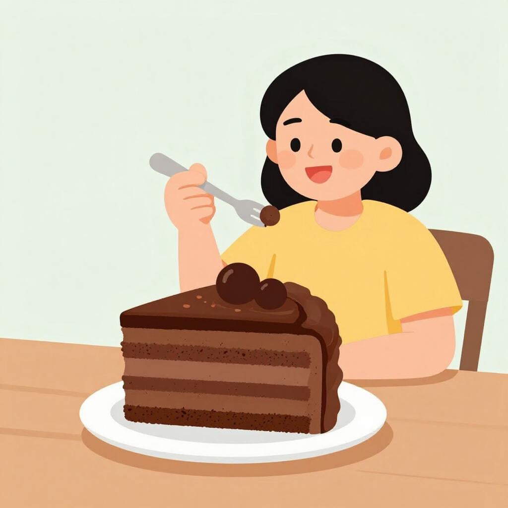 A person happily eating a large slice of chocolate cake with a fork, showing they gave in to temptation.