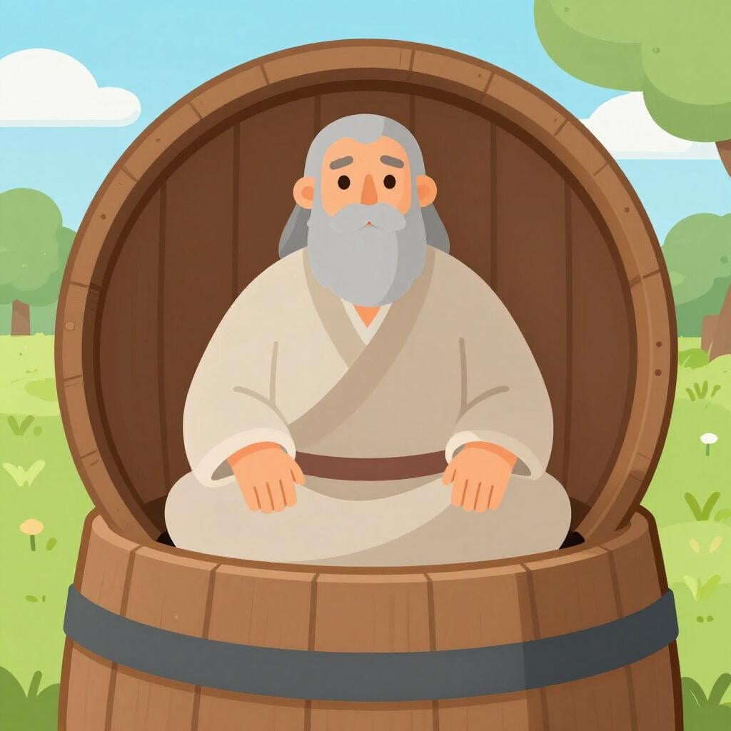 Un uomo con una lunga barba seduto con calma all'interno di una grande botte di legno in una strada tranquilla.