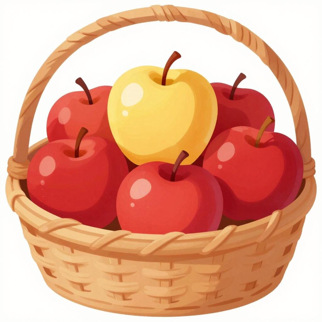 Een mand met rode appels, met één enkele, glanzende gouden appel prominent in het midden.