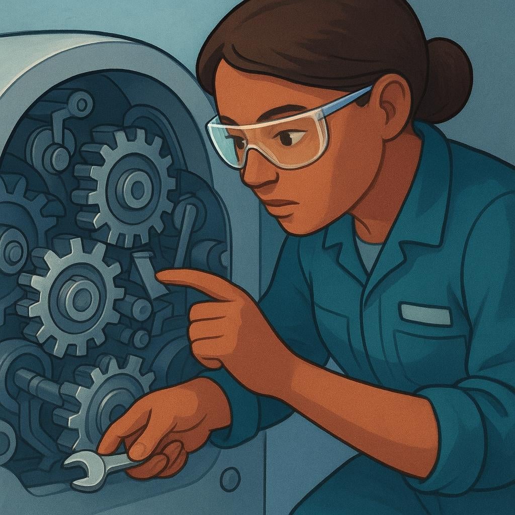 A focused engineer wearing safety glasses closely examining the intricate internal gears and metallic mechanisms of a large machine.